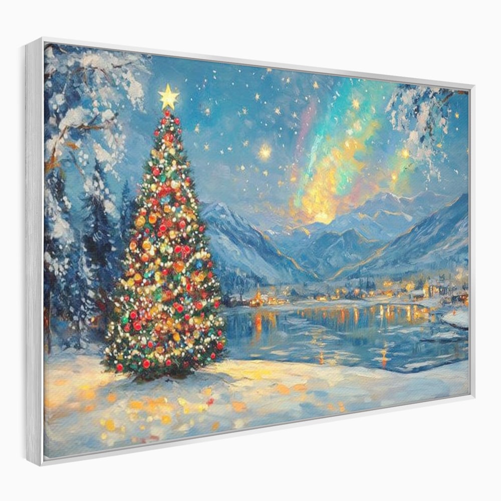 Tablou canvas cu pictura cu brad de craciun pe malul lacului, in rama de aluminiu argintiu